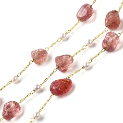 Клубничный Кварц Цепочки из бусин ручной работы с натуральными самородками клубничного кварца, пайки, с бусинами из АБС-пластика и фурнитурой из латуни с покрытием из стойки, долговечный, без свинца и без кадмия, с катушкой, реальный 18 k позолоченный, 4~7x6~12x3~5 мм