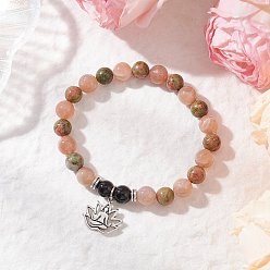 Смешанные камни Браслеты из натуральных бусин унакита и лунного камня, браслеты с подвесками в виде лотоса из сплава для мужчин и женщин, внутренний диаметр: 2 дюйм (5.1 см)