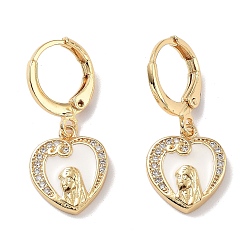Heart Golden Brass Dangle Leverback Earrings, with Enamel and Cubic Zirconia, Heart, 26.5x13.5mm