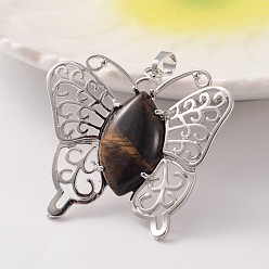 Тигровый глаз Бабочка платиновый оттенок латуни натуральный тигровый глаз подвески, 43x45x7 мм, отверстие : 9x5 мм