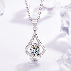 Claro Collares con colgante de circonita cúbica pavimentados de latón, flor, Platino, Claro, 15.75 pulgada (40 cm)