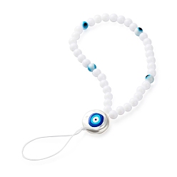 White Plastic Beads Mobile Straps, with 3D Printed ABS Plastic Imitation Pearl Beads and Evil Eye Lampwork Round Beads & Nylon Thread, White, 18.5cm