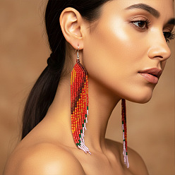 Разноцветный Богемные серьги-подвески ручной работы из стеклянного бисера., кисточка, платина, красочный, 145x20 мм