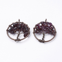 Гранат Подвески из натурального граната, с латунной фурнитурой , Красная медь, плоские круглые с дерева жизни, 29x5~7 мм, отверстие : 4.5 мм