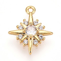 Настоящее золото 18K Латунные микропаве прозрачные подвески с фианитом, звезды прелести, без кадмия, без никеля и без свинца, реальный 18 k позолоченный, 14x12x3.2 мм, отверстие : 1 мм