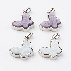 Mixed Color Electroplated Natural Druzy Quartz Pendants, with Brass Findings, Butterfly, Platinum, Mixed Color, 14.5x18x4~5mm, Hole: 2x3mm