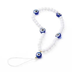 White Plastic Beads Mobile Straps, with Resin Evil Eye Round Beads and Nylon Thread, White, 19.2cm