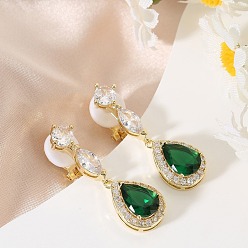 Платина Серьги-гвоздики с подвесками из латуни с паве из кубических цирконий, конский глаз со слезами, платина, 33x10 мм