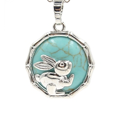 Синтетическая Бирюза Синтетические бирюзовые подвески, плоская круглая форма из латуни платинового цвета с подвесками в виде кролика, 25x10 мм