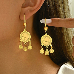 Плоский Круглый Винтажные геометрические серьги-кольца с кисточками из латуни в форме монеты, золотые, плоско-круглые, 60 мм