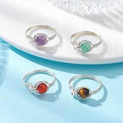 Серебро 4 шт. 4 стили кольца с драгоценными камнями, с латунными бусинами и экологически чистой медной проволокой, серебряные, внутренний диаметр: 18 мм, 1 шт / стиль