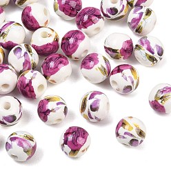 Medium Violet Red Floral Printed Porcelain Beads, Flower Patterned Ceramic Beads, Round, Medium Violet Red, 10mm, Hole: 3mm