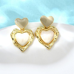 Белый Серьги-гвоздики с эмалью в форме сердца из латуни, без кадмия и без свинца, долговечный, стойки покрытие, реальный 18 k позолоченный, белые, 25x17 мм