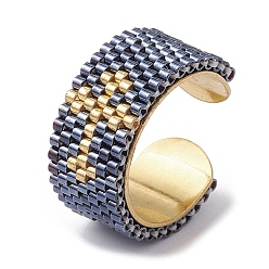 Cross 304 Stainless Steel Open Cuff Ring with Glass Seed Beaded, Cross, US Size 6 3/4(17.1mm)