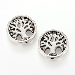 Antique Silver Tibetan Style Alloy Beads, Flat Round with Tree, Cadmium Free & Nickel Free & Lead Free, Antique Silver, 18x4mm, Hole: 1.5mm, about 265pcs/1000g