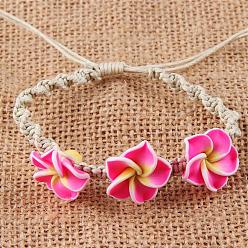 Темно-Розовый Плюмерия цветок полимерная глина бусины плетеные браслеты из бусин для женщин, с регулируемым восковым шнуром, темно-розовыми, внутренний диаметр: 2-3/8 дюйм (6 см)