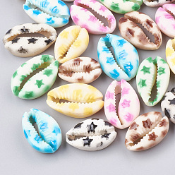 Mixed Color Printed Cowrie Shell Beads, No Hole/Undrilled, Star Pattern, Mixed Color, 20~26x13~18x5~7mm