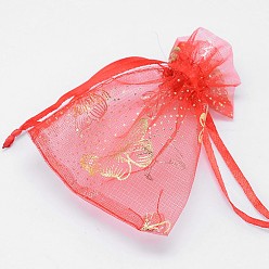 Mixed Color Gold Stamping Butterfly Rectangle Organza Gift Bags, Jewelry Packing Drawable Pouches, Mixed Color, 9x7cm