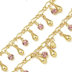 Бледно-фиолетовый Красный Цепи латуни, со стеклянными ссылками, без кадмия, без никеля и без свинца, слеза, реальный 18 k позолоченный, пайки, с катушкой, бледно-фиолетовый красный, 3~5.5x2.5x0.6 мм