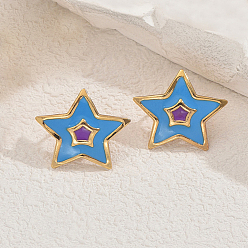 Синий Стильные 201 серьги-гвоздики в форме звезд из нержавеющей стали с эмалью, золотые, синие, 20x20 мм
