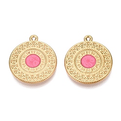 Hot Pink 303 Stainless Steel Enamel Pendants, Flat Round Charms, Ion Plating(IP), Real 18K Gold Plated, Hot Pink, 21.5x19x2mm, Hole: 1mm