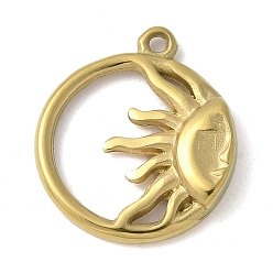 Настоящее золото 18K 304 подвески из нержавеющей стали, плоский круглый с солнечными чарами, реальный 18 k позолоченный, 18x15.5x2.5 мм, отверстие : 1.2 мм