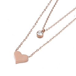 Rose Gold Ion Plating(IP) 304 Stainless Steel Cable Necklaces, Heart & Flat Round with Rhinestone Pendant Necklaces for Women, Rose Gold, 15.94 inch(40.5cm)