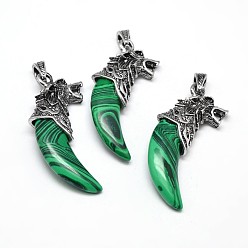 Малахит Античный серебряный сплав цинка природные малахит большие подвески, Бивень форма с волком, без свинца и без никеля , 53~57x23x10 мм, отверстие : 4.5x8 мм