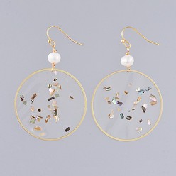 Real 18K Gold Plated Dangle Earrings, with Epoxy Resin, Shell, Natural Pearl, Alloy Findings and Brass Earring Hooks, Flat Round, Real 18K Gold Plated, 63~71mm, Pin: 0.7mm