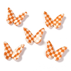 Orange Opaque Resin Cabochons, Two Tone, for DIY Earring Accessories, Butterfly with Chessboard Pattern, Orange, 22.5x27.5~28.5x4~5.5mm