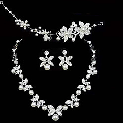 Кристалл Сплава горный хрусталь комплектов ювелирных изделий, включают серьги, ожерелья и резинку для волос, серьги с серебряной булавкой, бабочки и цветы, кристалл, Ожерелья: 560 mm, Серьги: 25 mm, резинка для волос: 270мм