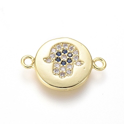 Золотой Соединители из латуни с микропаве и кубическим цирконием, плоский круглый с hamsa рука / рука fatima / рука miriam, синий и прозрачный, золотые, 10.5x15.5x1.5 мм, отверстие : 1.2 мм