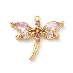 Pink 304 Stainless Steel Micro Pave Cubic Zirconia Pendants, Dragonfly Charms, Golden, Pink, 17x19.5x3.5mm, Hole: 1mm