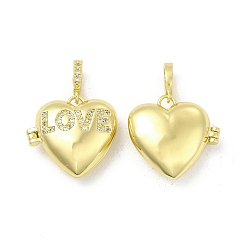 Light Gold Brass Micro Pave Clear Cubic Zirconia Locket Pendants, Heart with Word LOVE Charms, Cadmium Free & Lead Free, Light Gold, 20x21x7.5mm, Hole: 5.5x3mm