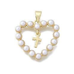 Настоящее золото 16K Сердце с крестом латунные подвески, без кадмия и без свинца, с искусственным жемчугом, белые, реальный 16 k позолоченный, 22.5x24x4 мм, отверстие : 5.5x3.5 мм