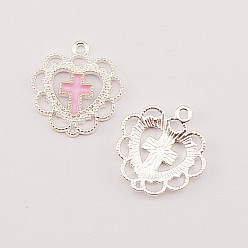 Pink Alloy Enamel Pendants, Silver, Heart with Cross, Pink, 21x20x2mm