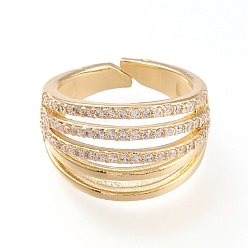 Golden Adjustable Brass Micro Pave Clear Cubic Zirconia Cuff Rings, Open Rings, Long-Lasting Plated, Golden, US Size 6(16.5mm)