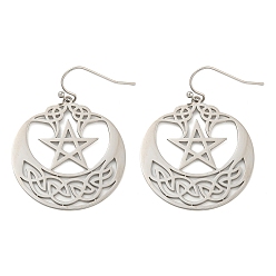 Stainless Steel Color Tarnish Resistant 304 Stainless Steel Dangle Earrings for Women, Moon with Star, Stainless Steel Color, 41x30mm