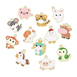 (52) Непрозрачная лаванда Подвески из эмали и сплава, двенадцать форм китайского зодиака, золотой свет, разноцветные, 17.5~23x15~19x1 мм, отверстие : 1.8 мм