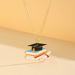 Hat Back to School Alloy Enamel Pendant Cable Chain Necklaces, Golden, Black, Graduation Cap, 15.75 inch(40cm), pendant: 24x22mm