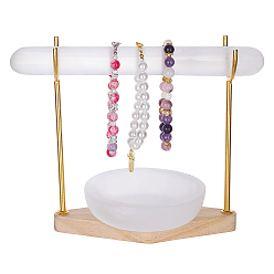 Golden 1 Set Iron Display Stands with Rhombus Wooden Base for Natural Selenite Bar, with 1Pc Natural Gesso Decorative Bowl and 1Pc Natural Selenite Round Stick, Golden, 15.3x6.5x16cm