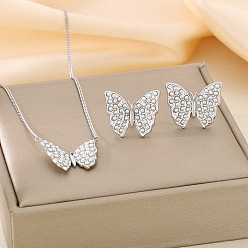 Платина Бабочка 304 ожерелья из нержавеющей стали с жемчугом-ракушкой и серьги-гвоздики, платина, 420 мм