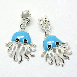Light Sky Blue Alloy Enamel European Dangle Charms, Large Hole Pendants, Octopus, Silver Color Plated, Light Sky Blue, 37mm, Hole: 5mm