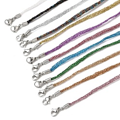 Mixed Color 3.5MM Polyester Metallic Cord Braided Cord Necklace Making, with Brass Findings and 202 Stainless Steel Lobster Claw Clasps, Long-Lasting Plated, Rack Plating, Stainless Steel Color, Mixed Color, 16.14 inch(41cm)~18.11 inch(46cm)