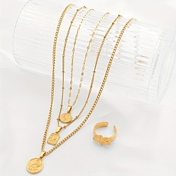 Золотой Овальные/плоские круглые/прямоугольные с узором из роз 304 ожерелья с подвесками из нержавеющей стали и наборы колец-манжет в виде листьев гинкго, золотые, 400 мм