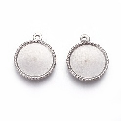 Stainless Steel Color Tarnish Resistant 304 Stainless Steel Pendant Cabochon Settings, Flat Round, Stainless Steel Color, Tray: 14mm, 19.6x16.3x2mm, Hole: 1.6mm