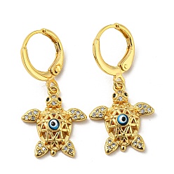 Midnight Blue Golden Brass Dangle Leverback Earrings, with Enamel and Cubic Zirconia, Turtle with Evil Eye, Midnight Blue, 30x15mm