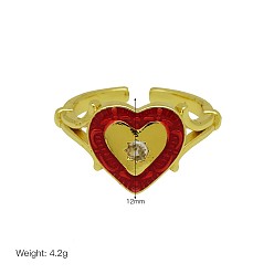 Heart Brass Micro Pave Clear Cubic Zirconia & Enemal Cuff Open Rings for Women, Golden, Heart, 15~20mm