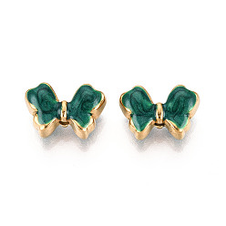 Зеленый Ионное покрытие (IP) 304 шарики из эмали из нержавеющей стали, бантом, с блеском порошок, реальный 18 k позолоченный, зелёные, 10x15x6 мм, отверстие : 1.6 мм