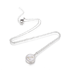 Letter Z Brass Initial Pendant Necklaces, with Shell, Cubic Zirconia and 304 Stainless Steel Cable Chains, Flat Round with Letter, Letter.Z, 17.5 inch(44.5cm), 1.5mm